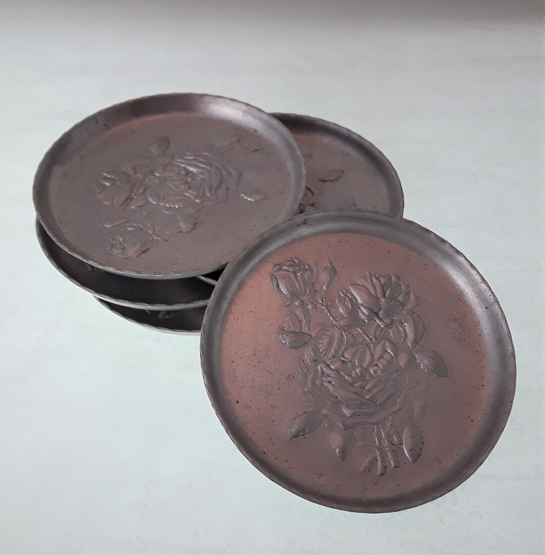 Vintage Drink Coasters Stamped Aluminum Barware Roses Retro Etsy