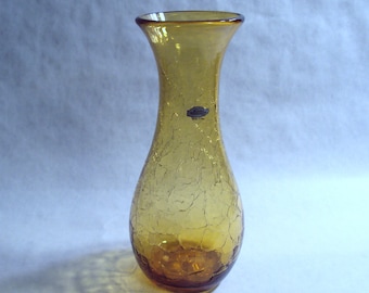 Blenko Glass Honey Gold Crackle Vase with Label 10 1/2 inch