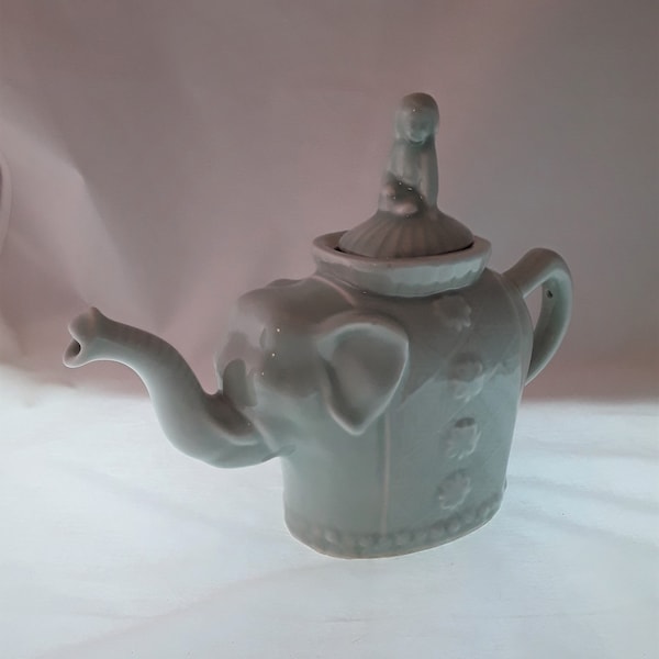 Vintage Celadon Green Teapot Quan Yin Riding Elephant Trunk Up