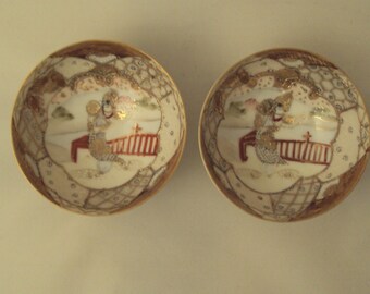 Antique Noritake Morimura Nippon Pair Hand Painted Porcelain Small Footed Bowls Moriage Gold