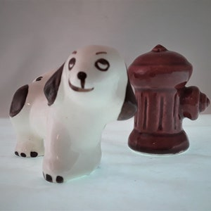 Vintage Hand Painted Puppy Dog and Fire Hydrant Figural Salt and Pepper Shakers