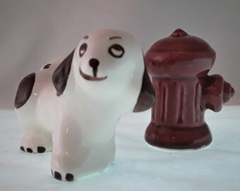 Vintage Hand Painted Puppy Dog and Fire Hydrant Figural Salt and Pepper Shakers