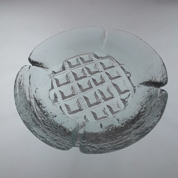Vintage Blenko Glass Large Heavy Ashtray Clear Waffle textured 697S