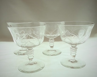 Set of 4 Libbey Rock Sharpe Mosque Rose Pattern Low Sherbet / Sorbet Glasses