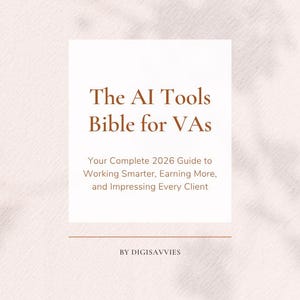 May include: A book cover with the title "The AI Tools Bible for VAs" in a serif font. The subtitle reads "Your Complete 2026 Guide to Working Smarter, Earning More, and Impressing Every Client." The background is a soft, textured pink.
