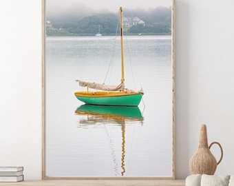 Green Herreshoff Sailboat Photo, Bristol Harbor Foggy Reflections (Print or Canvas)