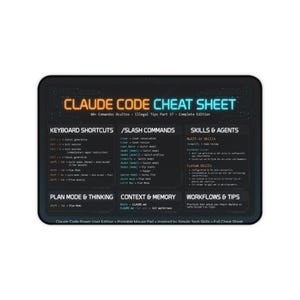 Op de afbeelding: Zwarte rechthoekige muismat met de tekst "CLAUDE CODE CHEAT SHEET" in oranje en blauw. De mat bevat sneltoetsen, slash-opdrachten, vaardigheden en agentinformatie. Extra tekst: "Claude Code Power User Edition".