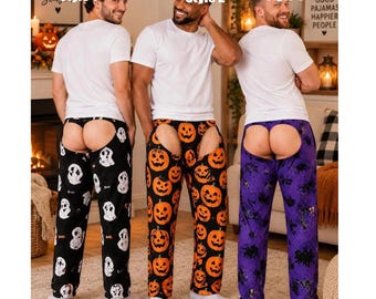 Personalized Funny Halloween Backless Pajama Pants, Custom Pumpkin Spooky Men