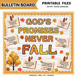 Könnte beinhalten: Ein digitales Pinnwand-Display mit dem Text GOD'S PROMISES NEVER FALL in großen orangefarbenen Buchstaben. Der Hintergrund ist weißes Holz mit Herbstblättern und sechs Papiernotizen mit Bibelversen. Enthält druckbare Dateien.