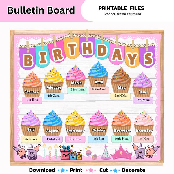 Geburtstags-Pinnwand fürs Klassenzimmer | Monatlicher Cupcake-Plan (PDF/PPT-Download)