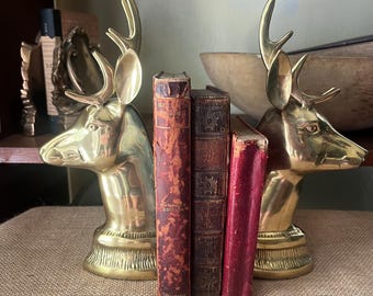 Vintage messing buste hert paar boekensteunen, Hollywood Regency-decor halverwege de eeuw, Jack Housman messing rendier