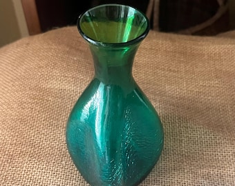 6” Vintage Blenko #533 Seabreeze Hand Blown Glass Bud Vase -  Four-Sided Pinched - Jade Green/Blue Crackle Designed by Winslow Anderson 1953