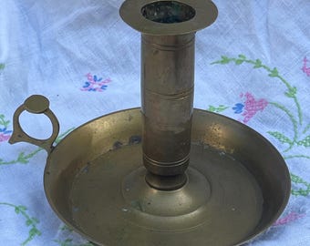 Vtg Brass Chamber Candle Holder, Thumb Tab, Drip Tray, Colonial Style Cottagecore