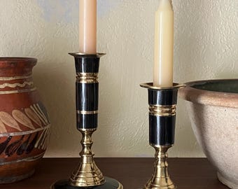 Vtg Pair MCM Brass and Horn Candlesticks w/ Black Horn Inlay, Made in India ~ Candleholders