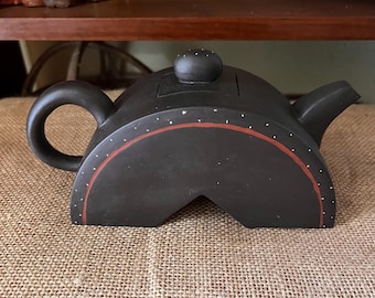 Yixing Unglazed Black Clay Half-Tile Chinese Teapot ~ Handmade Artisanal Slab-Built for Comptoir Francais du Thé ~ French Tea Company 16oz