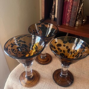 Set of 3 Tortoise Shell Clear Stem Blown Glass Martini Glasses Barware - 6 1/4" Tall Excellent Condition!