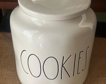 Rae Dunn COOKIES 7,5" middelgrote koekjestrommel met deksel ~ witte keramische opslagcontainer Artisan-collectie van magenta ~ Farmhouse EUC