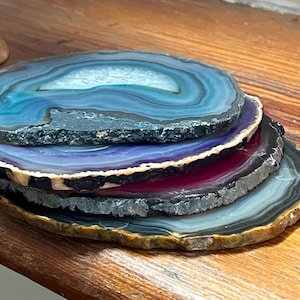 Juego de 4 posavasos de piedra de ágata pulida en rodajas Anna New York RABLABS con etiquetas originales ~ Multicolor ~ Hecho en Brasil EUC ~ Diseñador