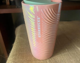 Rare Starbucks Summer Cotton Candy Luster Double Walled Ceramic Tumbler, Fitted Lid that Closes ~ Hot, Cold Beverages Coffee Tea Mug 2023