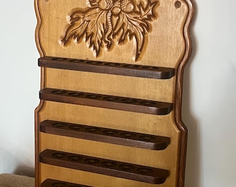 Vtg 1970s Wooden Hanging Thimble Display Shelf ~ Holds 30  ~ Oakleaf and Acorn Motif - Cottagecore ~ Traditional ~ Carved Impressed Design