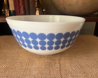 Vintage 1960s Blue Polka Dot Pyrex 2.5QT Milk Glass Mixing Bowl