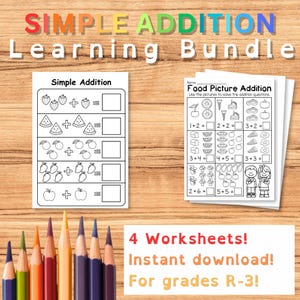 Schede di esercizi di addizione semplici, problemi di matematica con immagini di cibo, classi dalla scuola dell'infanzia alla terza elementare (confezione da 4)