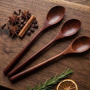 Könnte beinhalten: Drei Holzlöffel mit langen Griffen sind auf einem Holzschneidebrett angeordnet. Sternanis, Kaffeebohnen und ein Zimtstange liegen neben den Löffeln. Ein Rosmarinzweig und eine Scheibe getrocknete Orange sind ebenfalls zu sehen.
