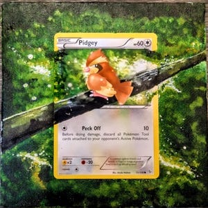 Pintura de carta Pokémon Pidgey – Pidgey auténtico – Carta XY Evolutions (2016) – Acrílico pintado a mano de 5x5 pulgadas – Marco GRATIS incluido