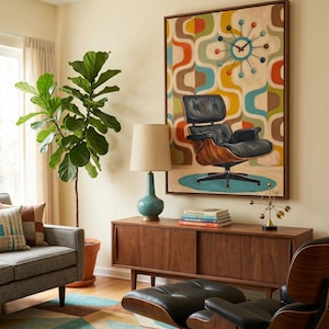 May include: A mid-century modern living room featuring a black leather chair and ottoman, a wooden cabinet, and a colorful abstract painting. A teal lamp and a large potted plant add to the decor. A geometric rug and a gray sofa complete the space.