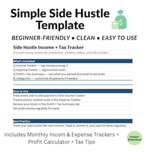 May include: A digital template titled "Simple Side Hustle Template" with the text "Beginner-Friendly, Clean, Easy to Use." Includes income and expense trackers, a profit calculator, and tax tips. A green graphic of a money bag and calculator is in the upper right corner.