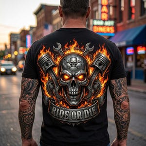 May include: Black t-shirt featuring a detailed skull graphic with fiery orange eyes, surrounded by flames, pistons, and wrenches. The phrase "RIDE OR DIE" is displayed on a banner below the skull. The shirt is worn by a person with tattoos.