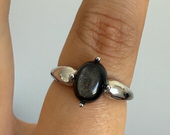 Black Sheen Gemstone Ring, Adjustable S925 Sterling Silver, Oval Crystal, Minimalist Jewelry