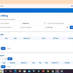 May include: A digital interface for Inventory Management Pro displaying a Sales/Billing dashboard. The layout includes fields for customer name, item selection, quantity, and rate, with a table for current bill items and a sales report section below.