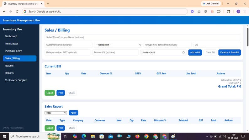 May include: A digital interface for Inventory Management Pro displaying a Sales/Billing dashboard. The layout includes fields for customer name, item selection, quantity, and rate, with a table for current bill items and a sales report section below.