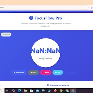 Puede incluir: Una interfaz de navegador web para FocusFlow Pro, un temporizador Pomodoro avanzado. La pantalla presenta un fondo azul, un c&iacute;rculo blanco central que muestra NaN:NaN y botones etiquetados como Start Session, Pause, Reset y Skip.