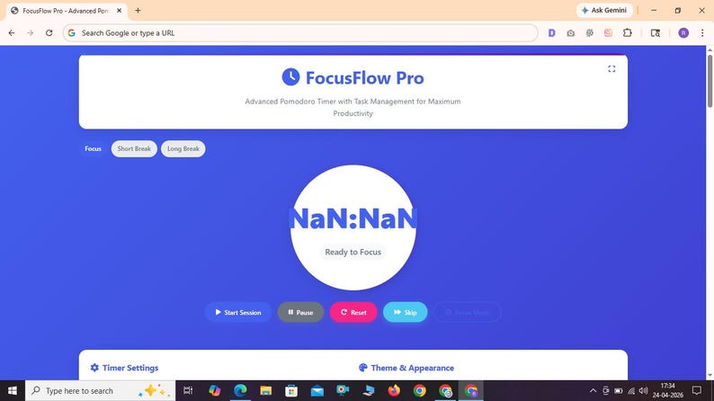 Puede incluir: Una interfaz de navegador web para FocusFlow Pro, un temporizador Pomodoro avanzado. La pantalla presenta un fondo azul, un c&iacute;rculo blanco central que muestra NaN:NaN y botones etiquetados como Start Session, Pause, Reset y Skip.