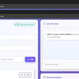 May include: A web interface for a Custom Chatbot Creator featuring a Chatbot Configuration panel on the left with fields for name, description, and Q/A pairs, and a Live Preview window on the right displaying a chatbot message and input field.