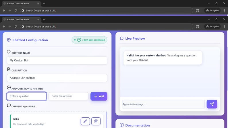 May include: A web interface for a Custom Chatbot Creator featuring a Chatbot Configuration panel on the left with fields for name, description, and Q/A pairs, and a Live Preview window on the right displaying a chatbot message and input field.