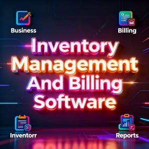 Peut inclure: Un graphique numérique présentant le texte lumineux néon Inventory Management And Billing Software. Quatre icônes sont placées dans les coins, étiquetées Business, Billing, Inventorr et Reports, sur un fond sombre avec des traînées lumineuses.