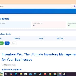 May include: A digital interface for Inventory Management Pro software displaying a dashboard with zero total items, zero total stock quantity, and zero low stock items. The screen includes a navigation sidebar, an available stock table, and text reading Inventory Pro: The Ultimate Inventory Management Software for Your Businesses.