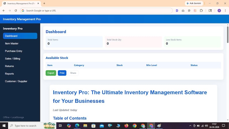 May include: A digital interface for Inventory Management Pro software displaying a dashboard with zero total items, zero total stock quantity, and zero low stock items. The screen includes a navigation sidebar, an available stock table, and text reading Inventory Pro: The Ultimate Inventory Management Software for Your Businesses.