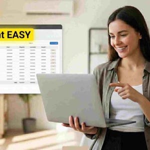 May include: A silver laptop displaying a software interface with the text Account EASY in a yellow box. The screen shows a dashboard with a table of data, a sidebar menu, and a blue button. The device is held by a person in a white shirt.