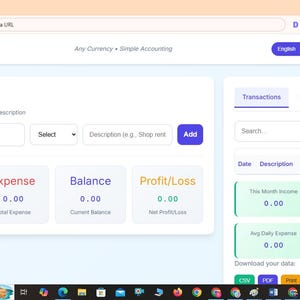 Peut inclure: Une interface de logiciel de comptabilité nommée Account Master avec une section de saisie rapide pour le montant, le type et la description. Le tableau de bord affiche les indicateurs de revenus, dépenses, solde et profit/perte.
