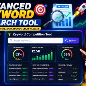 Puede incluir: Un panel digital titulado Keyword Competition Tool que muestra métricas de SEO como volumen de búsqueda, porcentajes de dificultad y sugerencias de palabras clave. La interfaz presenta gráficos coloridos y una barra de búsqueda.