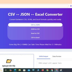 Peut inclure: Une interface numérique pour un convertisseur CSV vers JSON vers Excel avec un fond dégradé violet. Le texte indique CSV to JSON to Excel Converter, Convert between CSV, JSON, and Excel formats, et Upload CSV File.