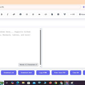 Puede incluir: Una interfaz digital para un editor Markdown titulado Markdown Master Pro, con una barra de herramientas blanca, un &aacute;rea de entrada de texto que muestra el texto Start typing Markdown here... Supports GitHub Flavored Markdown, Mermaid, tables, and more!, y una fila de botones azules etiquetados como Upload .md, Download .md, Download .html, Copy HTML, Print / Save PDF, Clear All y Fullscreen.