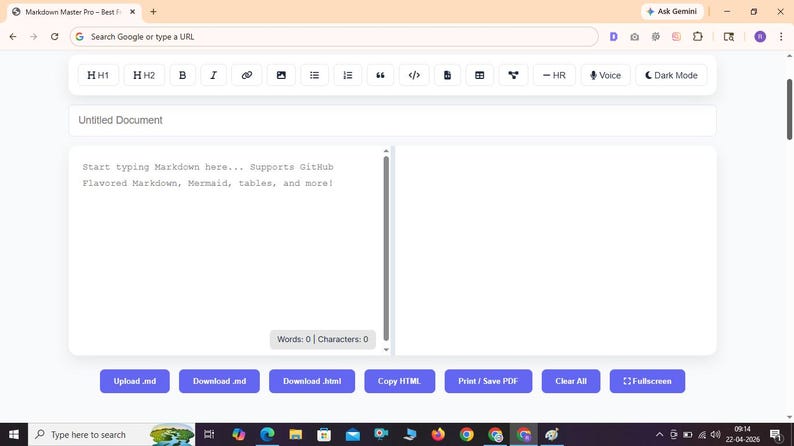 Puede incluir: Una interfaz digital para un editor Markdown titulado Markdown Master Pro, con una barra de herramientas blanca, un &aacute;rea de entrada de texto que muestra el texto Start typing Markdown here... Supports GitHub Flavored Markdown, Mermaid, tables, and more!, y una fila de botones azules etiquetados como Upload .md, Download .md, Download .html, Copy HTML, Print / Save PDF, Clear All y Fullscreen.