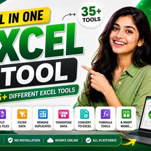 May include: A digital marketing graphic for an all-in-one Excel tool featuring the text ALL IN ONE EXCEL TOOL WITH 35+ DIFFERENT EXCEL TOOLS. The image displays icons for merging, splitting, filtering, removing duplicates, transposing, and converting data.