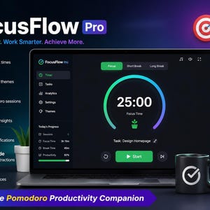 May include: FocusFlow Pro software interface displayed on a laptop and smartphone. The screen shows a 25:00 timer, task management, and progress analytics. Features include customizable intervals, six themes, and smart notifications. A black mug with a logo sits nearby.