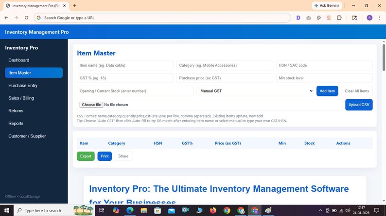May include: A digital interface for Inventory Management Pro software displaying an Item Master page. The screen features input fields for item name, category, HSN code, GST percentage, purchase price, and stock levels, with buttons for adding items and uploading CSV files.